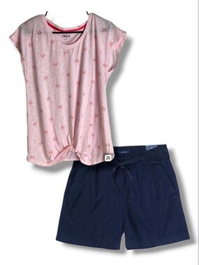 Nautica Izod Flamingo Print Twist Hem Top With Blue Linen Shorts. XXL